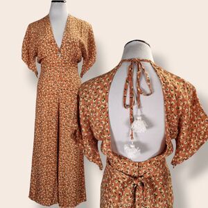 Faithful the Brand Cedric Plunging Jumpsuit Size S Orange Vintage Bloom Floral